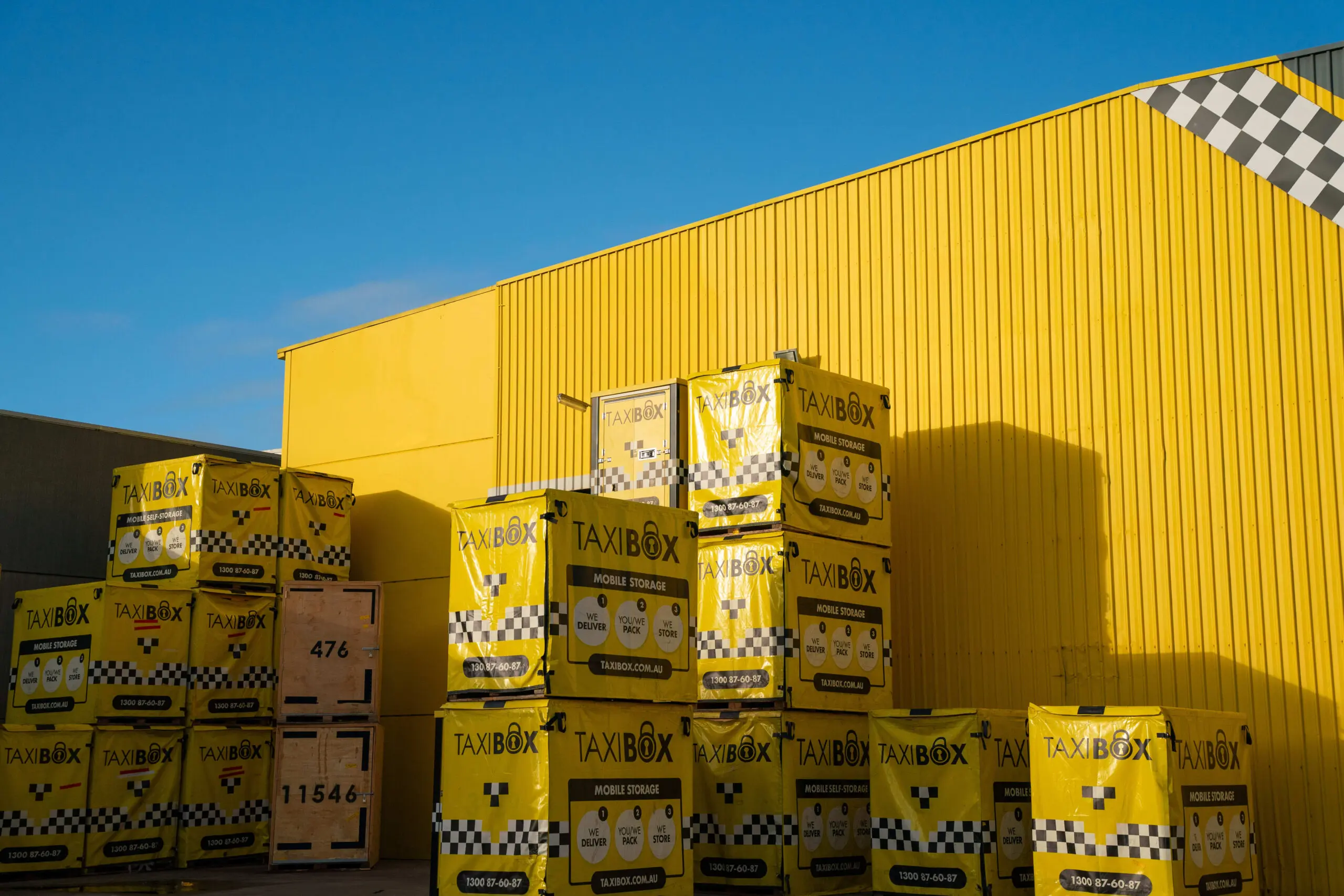 Yellow TAXIBOXES outside of Canning Vale storage facility